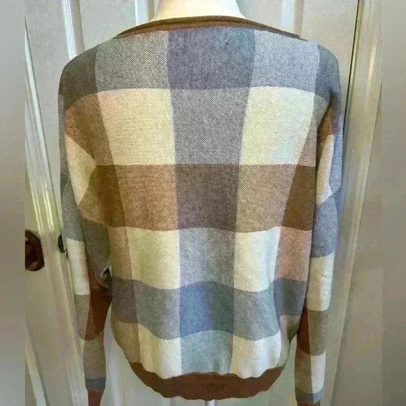 Cynthia Rowley Plaid Crew Neck Sweater - Blue, Cream, Brown- Women’s Size Large - Picture 3 of 13